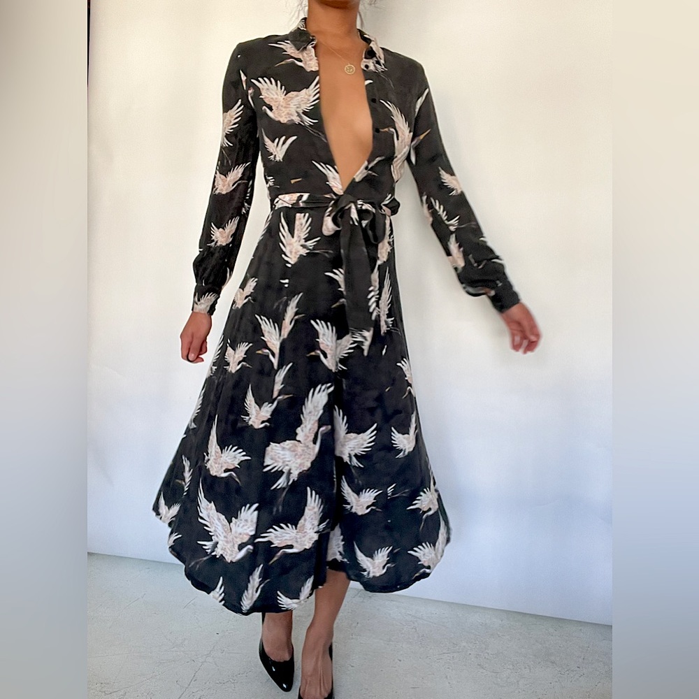 Crane print button up full skirt dress H&M